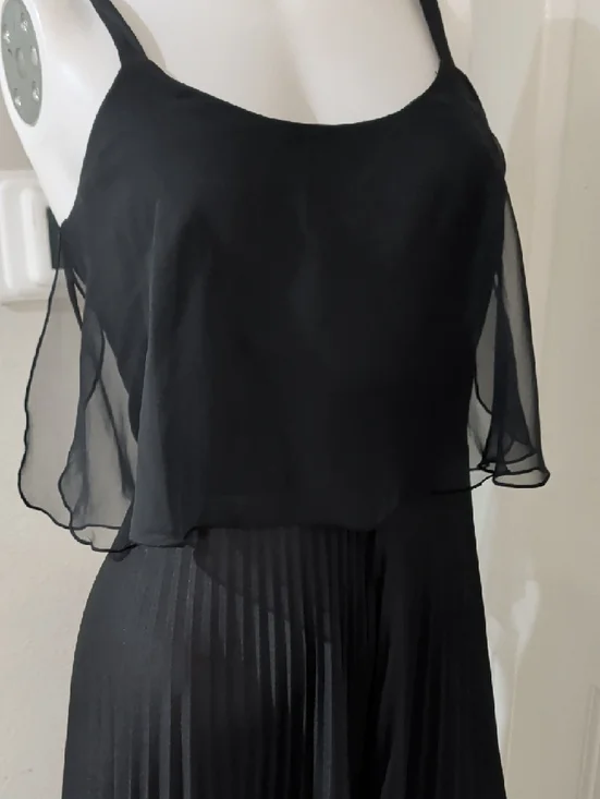 Vintage JT Dress Co Elegant Black Pleated Maxi Dress with Sheer Overlay Women 10 - Picture 3 of 8